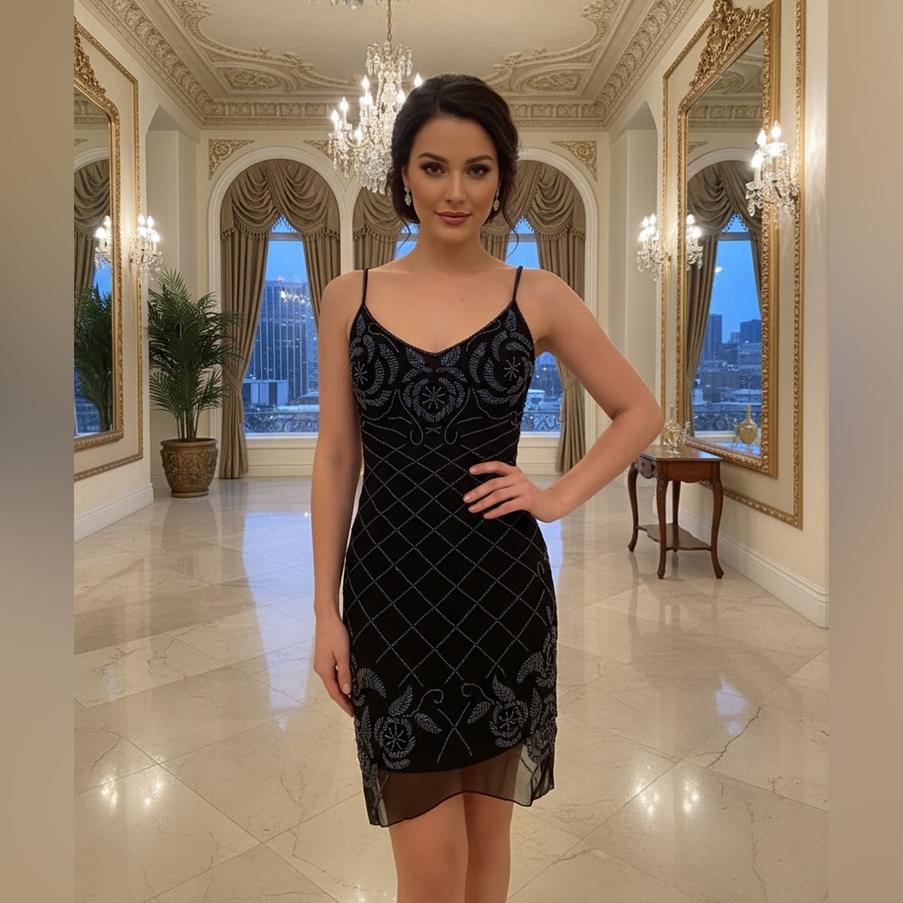 Elegant Black and black metallic‎ hand beaded Dress attitudes by Debra